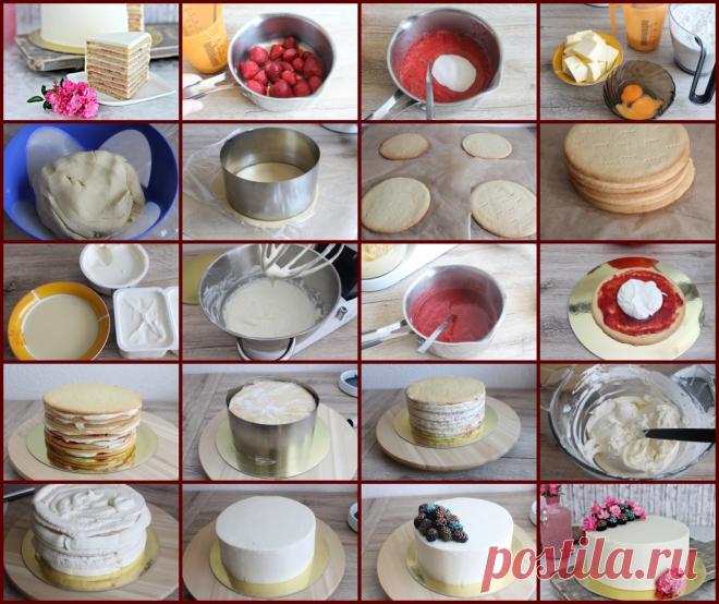 Тесто:
Яйца - 1 шт.
Яичные желтки - 1 шт.
Сахар - 150 гр
Сливочное масло - 300 гр
Мука - 600 гр
Сода пищевая - 1 чайн.л.
Соль -  по вкусу

Крем:
Творог - 500 гр
Сгущенное молоко - 200 гр
Маскарпоне - 250 гр

Джем:
Клубника - 240 гр
Сахар - 60 гр
Пектин - 1 чайн.л.

Крем чиз:
Маскарпоне - 250 гр
Сливки - 250 гр
Сахарная пудра - 5 стол.л.