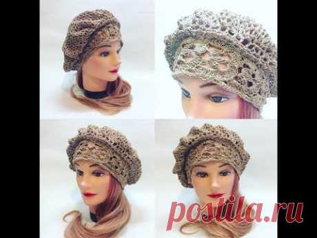 Берет летний крючком на основе ленточного кружева2 crochet beret