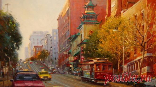 Скачать обои картина, арт, такси, вечер, трамвай, пагода, Po Pin Lin, осень, закат, раздел живопись в разрешении 1920x1080