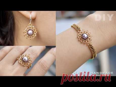 Lavish jewelry set. How to make beaded jewelry. Earrings, bracelet & ring. Beading tutorial