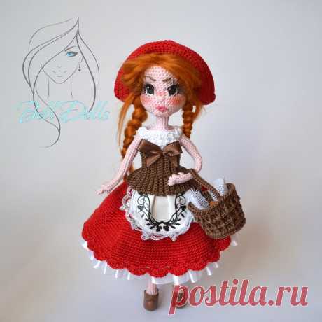 PDF Красная Шапочка крючком. FREE crochet pattern; Аmigurumi doll patterns. Амигуруми схемы и описания на русском. Вязаные игрушки и поделки своими руками #amimore - кукла из сказки, куколка в платье, девочка, сказочный персонаж.