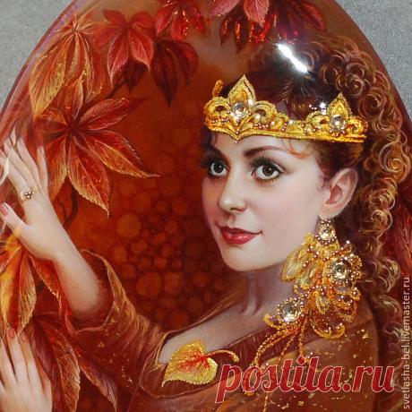 Королева Осени - лаковая миниатюра,портрет по фото,роспись по камню,живопись маслом