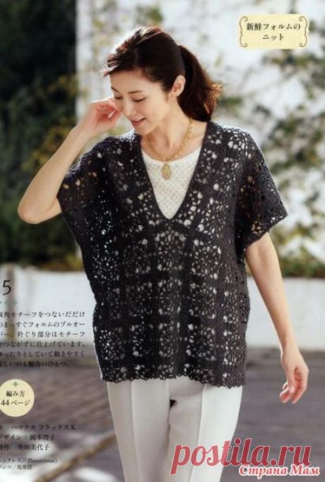 Свободная блуза с треугольным вырезом связанная квадратными мотивами. Крючок. - ВЯЗАНАЯ МОДА+ ДЛЯ НЕМОДЕЛЬНЫХ ДАМ - Страна Мам