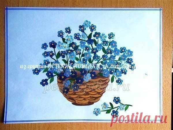 ​Корзину с цветами рисуем ватными палочками