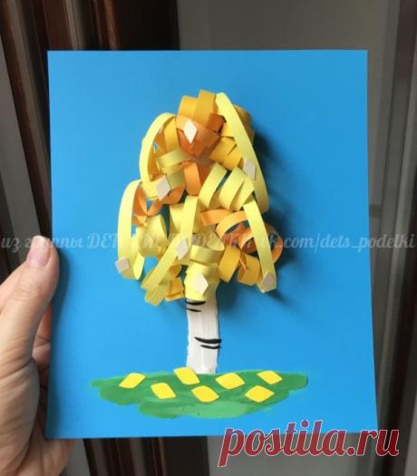 Осенняя аппликация из бумаги и пластилина "Кудрявая березка"