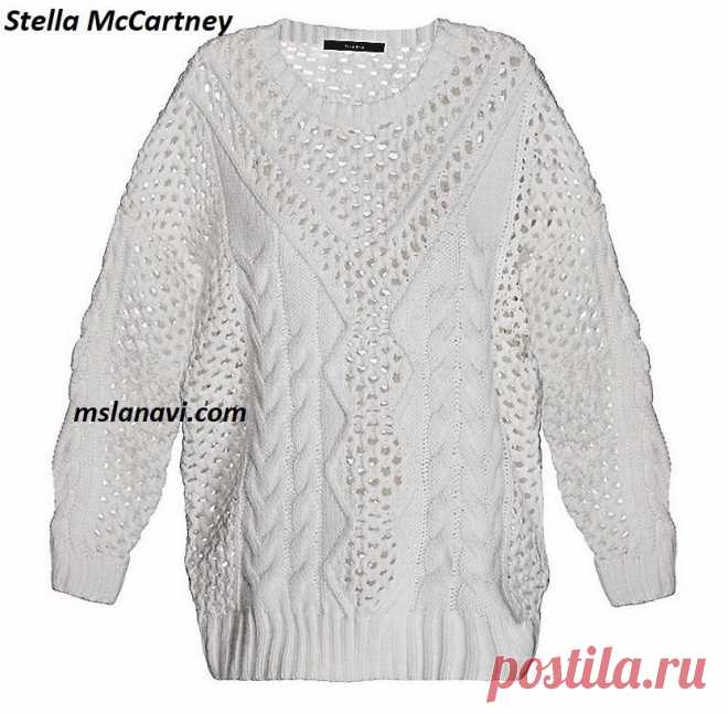 Белый пуловер спицами от Stella McCartney - Вяжем с Лана Ви Белый пуловер спицами от Stella McCartney — оригинальная модель летнего пуловера из прежней коллекции известного дизайнера. Очень нарядный и модный пуловер, прежде всего благодаря белому цвету, а также интересному узорному ряду, дополненному изящной «сеточкой». Узор «сеточка», к сожалению, не предложен на отрисованной схеме. Есть похожая «сеточка» спицами в видео мастер-классе; этот узор, на мой взгляд, можно применить к […]