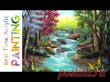 Painting a Garden with River Rapids in Real Time with Acrylics!