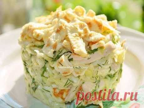 КУРА С БЛИНЧИКОМ !!!  **В салатник: капуста -шинкуй, помять с солью; кура -волокна,  блинчик -соломка, укроп. *На 1 блинчик: яйцо, молоко 1сл, соль, перец. *Заправка: майонез.