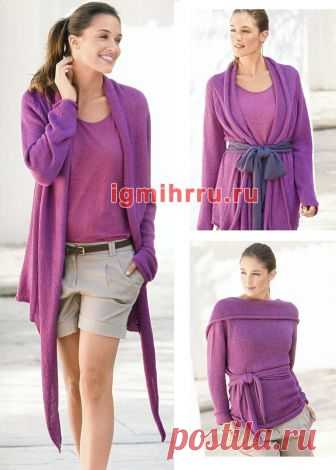 Темно-сиреневый кардиган с удлиненными полочками. Вязание спицами