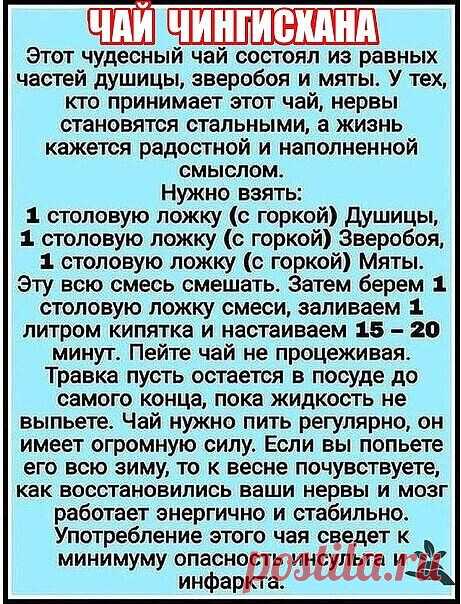 Чай Чингисхана, этот чудесный чай состоял из равных частей душицы,
 зверобоя и мяты. У тех, кто принимает этот чай, нервы становятся
 стальными, а жизнь кажется радостной и наполненной смыслом.
#рецепты
