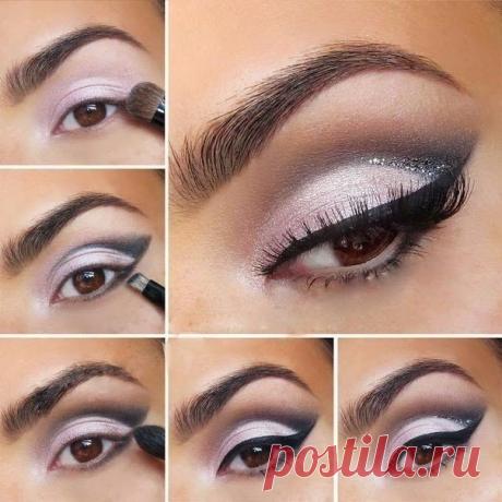 Блистательный макияж

1. Нанесите светлый перламутровый оттенок на подвижное веко
2. Сделайте форму черными тенями на верхнем и нижнем веках
3. Растушуйте тени и на границу черных добавьте немного коричневых теней
4. Нарисуйте стрелку подводкой
5. Наклейте небольшие стразы
6. Накрасьте реснички (можно приклеить накладные)