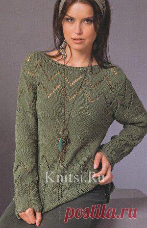 Узорчатый оливковый пуловер. Вязание для женщин / Пуловеры / Спицами