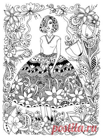 Vector illustration girl holding flower in lush dress full growth. Frame of flowers, doodle, zenart. Black and white. Anti-stress.  Adult coloring books. 123RF - Миллионы стоковых фото, векторов, видео и музыки для Ваших проектов.