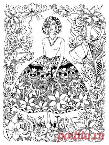 Vector illustration girl holding flower in lush dress full growth. Frame of flowers, doodle, zenart. Black and white. Anti-stress.  Adult coloring books. 123RF - Миллионы стоковых фото, векторов, видео и музыки для Ваших проектов.