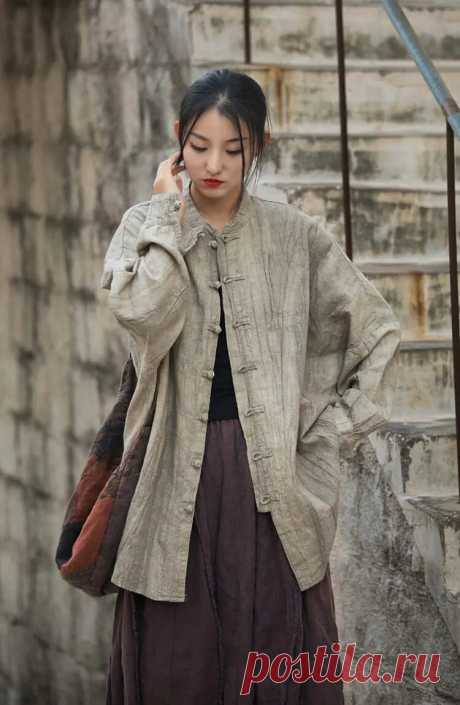 Vintage Spring Linen Women's Stand Collar Cardigan - Thebesttailor