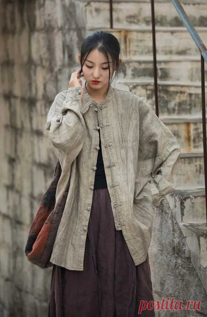 Vintage Spring Linen Women's Stand Collar Cardigan - Thebesttailor