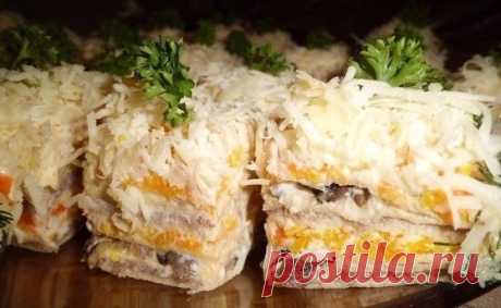 Вкуснейший закусочный селедочный торт на вафельных коржах! Очень вкусно!
