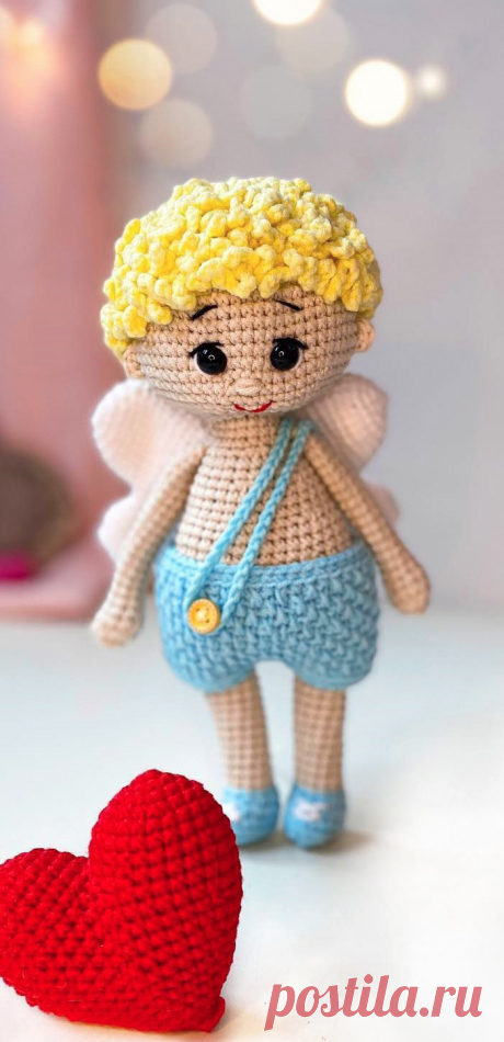 PDF Ангелочек крючком. FREE crochet pattern; Аmigurumi doll patterns. Амигуруми схемы и описания на русском. Вязаные игрушки и поделки своими руками #amimore - ангел, ангелок к 14 февраля, ангелочек ко дню Всех Влюблённых, кукла, куколка, мальчик, украшение.