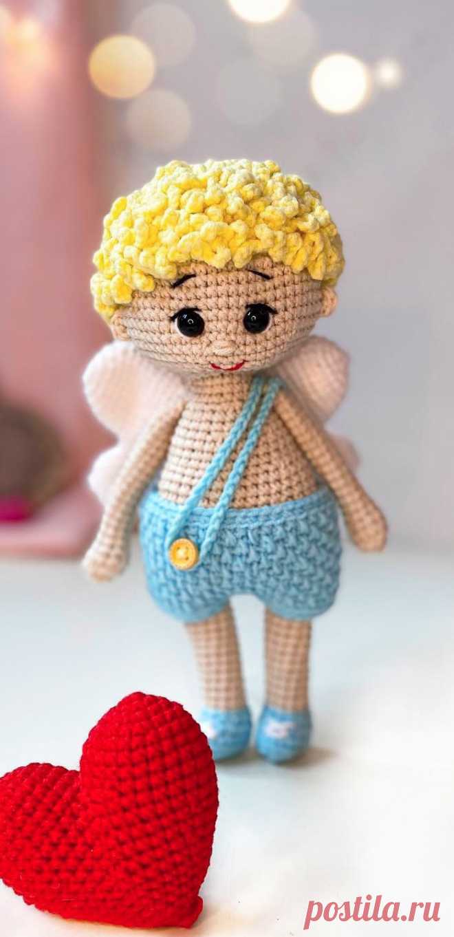 PDF Ангелочек крючком. FREE crochet pattern; Аmigurumi doll patterns. Амигуруми схемы и описания на русском. Вязаные игрушки и поделки своими руками #amimore - ангел, ангелок к 14 февраля, ангелочек ко дню Всех Влюблённых, кукла, куколка, мальчик, украшение.