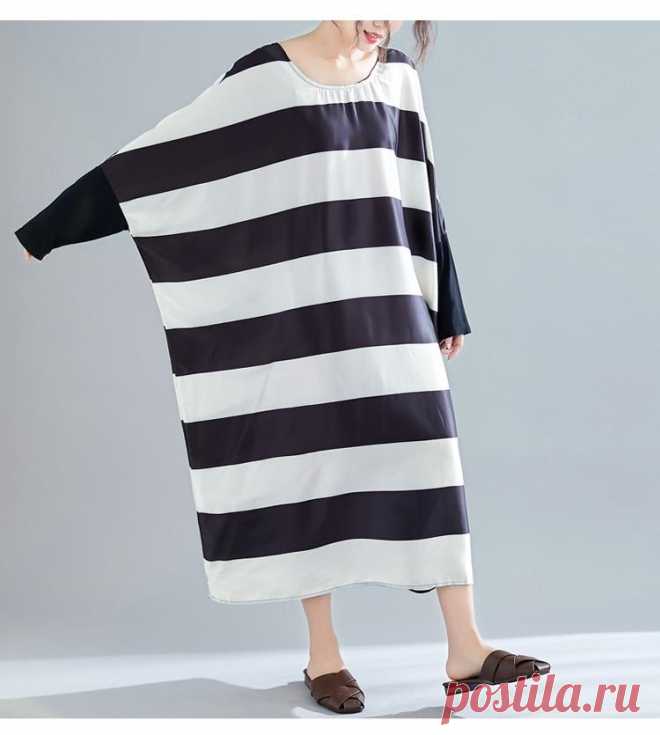 Black and White Striped Spliced Black Female Lady Long Sleeve Dress Sl - idetsnkf