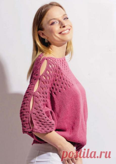 Пуловер с цельновязаными рукавами Вязаный пуловер цвета фуксии имеет силуэт «летучая мышь» и вяжется снизу лицевой гладью, переходящей вверху в ажурный узор. Вырезы по всей длине рукава создают ощущение легкой непринужденности.Размеры: 36/38 (40/42) 44/46Вам потребуется: пряжа (96% хлопка, 4% полиэстера; 160 м/50 г)...