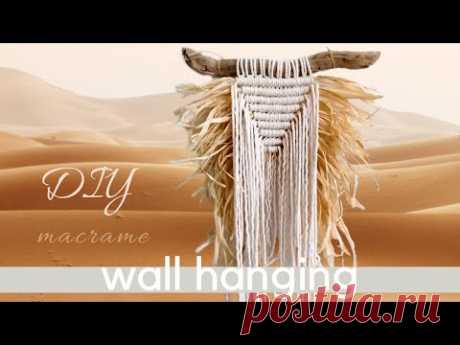 DIY macrame wall hanging tutorial, easy triangle geometric pattern with raffia, boho home decor