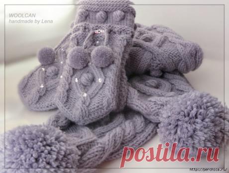 Варежки спицами узором *Ромбы с рисом*