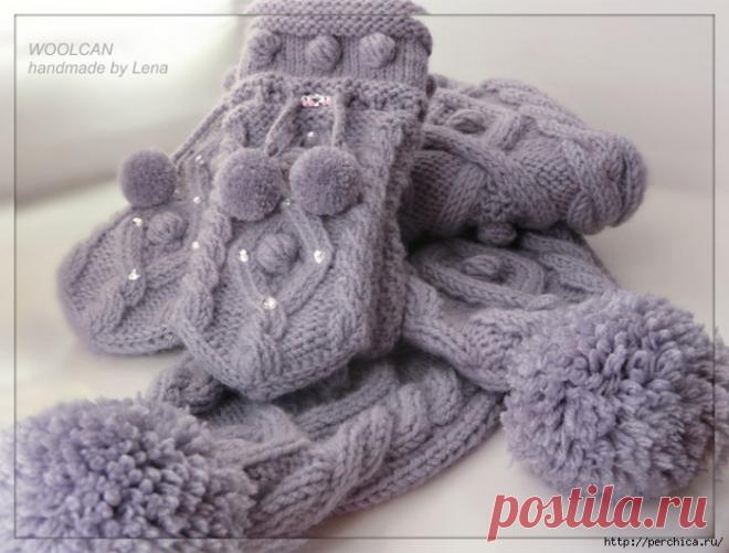 Варежки спицами узором *Ромбы с рисом*