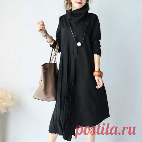 Irregular Pleated Long Sleeves Women Black Dress – Buykud