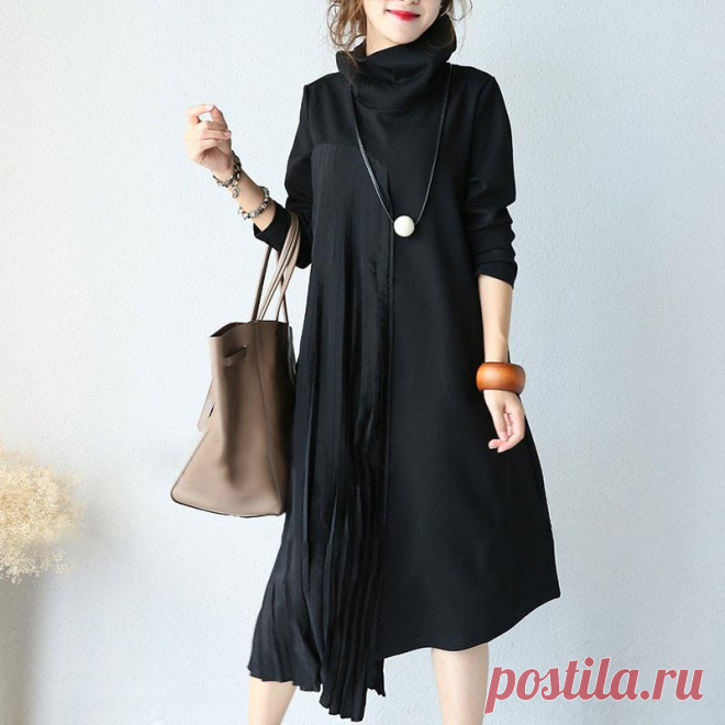 Irregular Pleated Long Sleeves Women Black Dress – Buykud