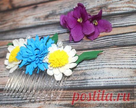 Купить Гребень для волос с цветами из фоамирана Летний букет - гребень для волос, гребень для прически