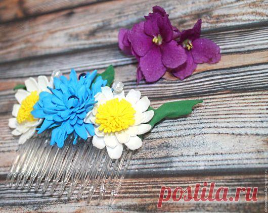 Купить Гребень для волос с цветами из фоамирана Летний букет - гребень для волос, гребень для прически