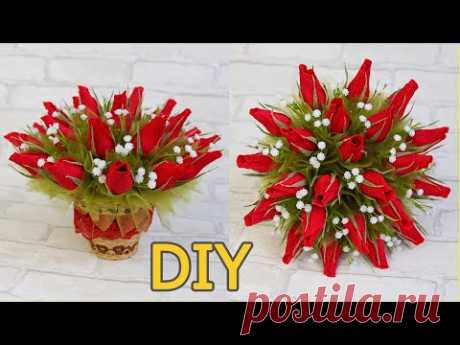 Букет из конфет с бутонами роз / Подарки и поделки своими руками / Идея diy videos