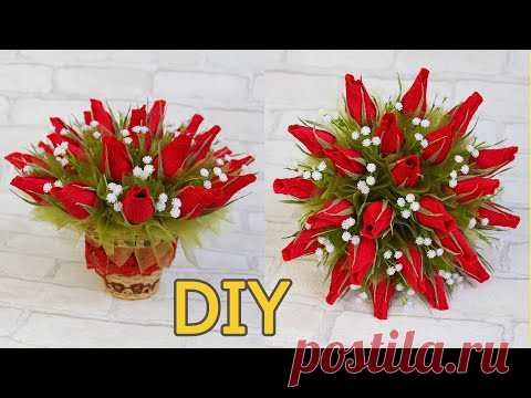 Букет из конфет с бутонами роз / Подарки и поделки своими руками / Идея diy videos
