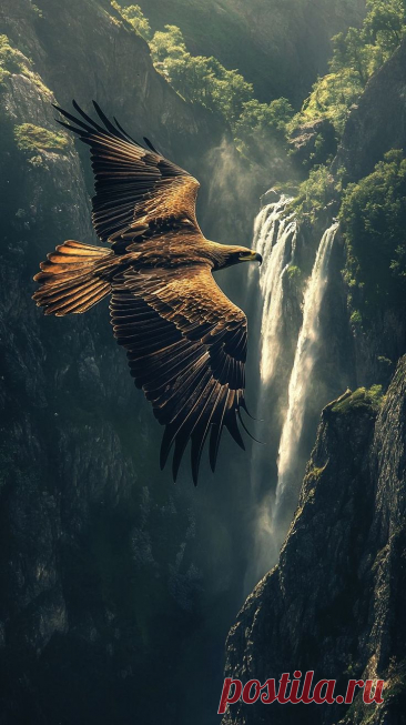 a large bird flying over a waterfall in the sky with it's wings spread