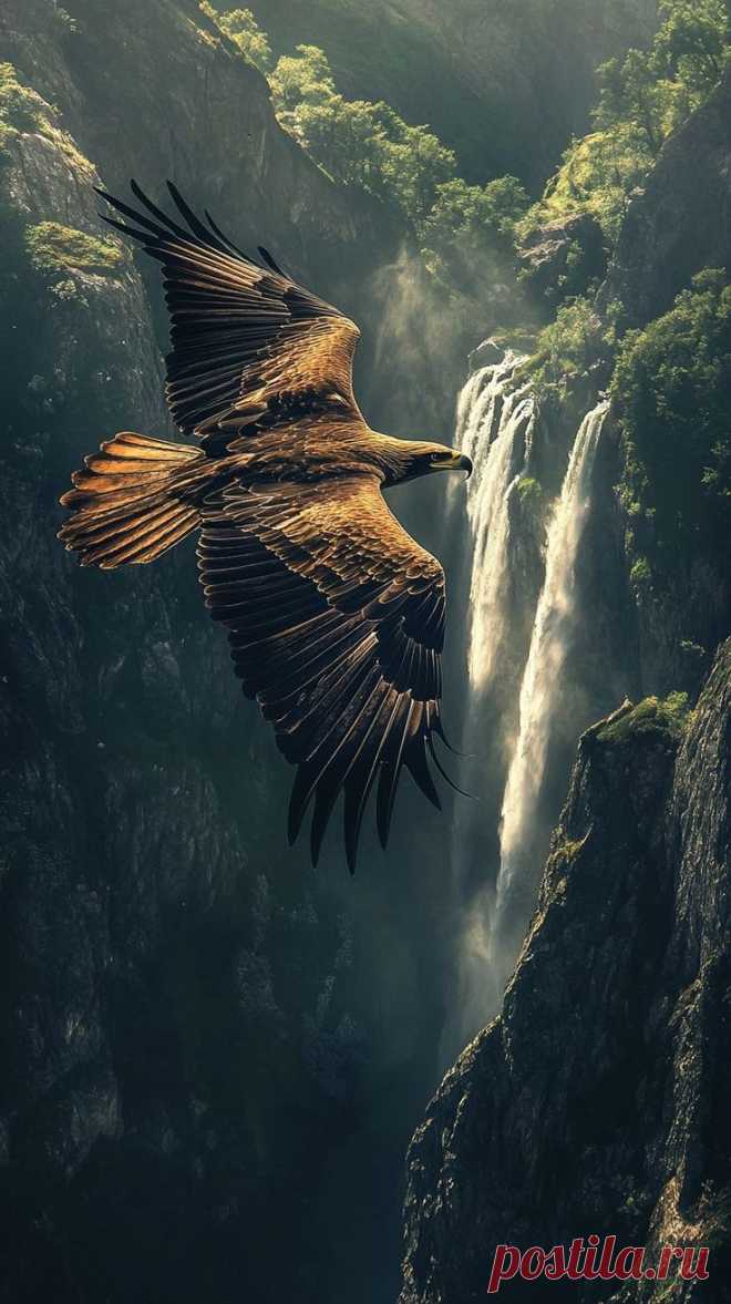 a large bird flying over a waterfall in the sky with it's wings spread