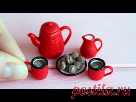 Miniature red cookware set with macaroons. Polymer clay. Tutorial. DIY. Миниатюрная посуда.