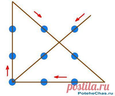9 точек ответ на головоломки 
Проведи через все 9 точек четыре ломаные линии  не отрывая руки