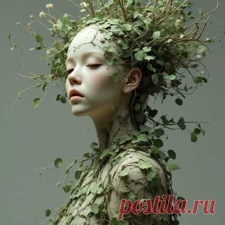 Женщина из лозы и листьев: гиперреалистичная скульптура в коллаже. Изображение из нейронной сети Flux - Flux.1 примеры промтов - Форум ИИ о нейросетях - Yes Ai