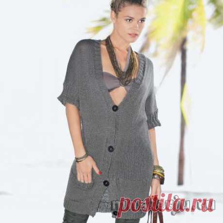 Серый кардиган с короткими цельновязанными рукавами
