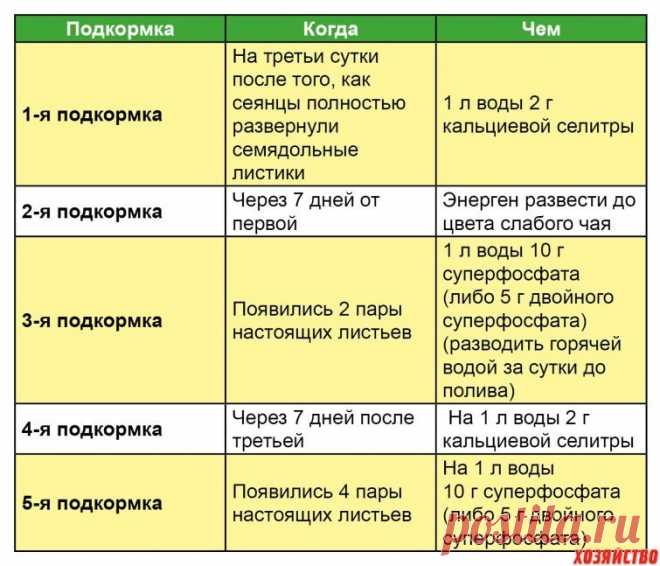 График подкормок томатной рассады

Многие считают, что томатный куст — это как пластилин, что ТЕБЕ надо, то ты и слепишь из него. Надо смотреть по кусту — он сам подскажет, что ему нужно. Поэтому мы начинаем «лепить» свои томаты еще в рассаде. 

1-я подкормка — на третьи сутки после того, как сеянцы полностью развернули семядольные листики: 1 л. воды 2 гр. кальциевой селитры

2-я подкормка — через 7 дней от первой: Энерген развести до цвета слабого чая

3-я подкормка — поя...