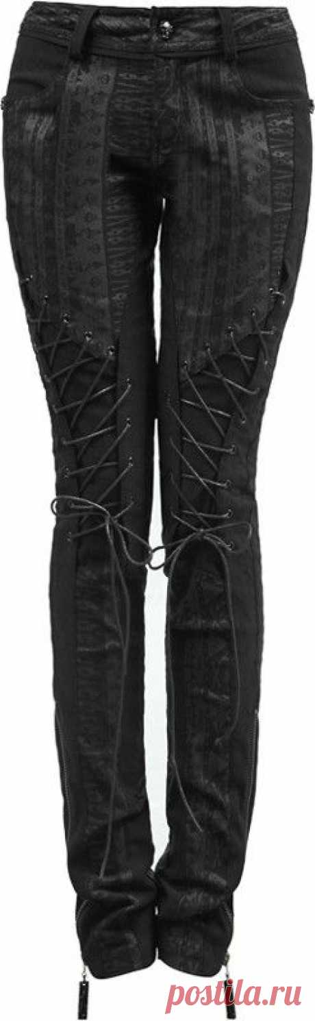 A gorgeous pair of gothic pencil pants for women, printed with skull pattern and detailed with laces. Made by clothing brand Punk Rave. | Steampunk