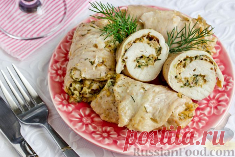 Рецепт: Куриные рулетики с сыром, зеленью и орехами (в микроволновке) на RussianFood.com
