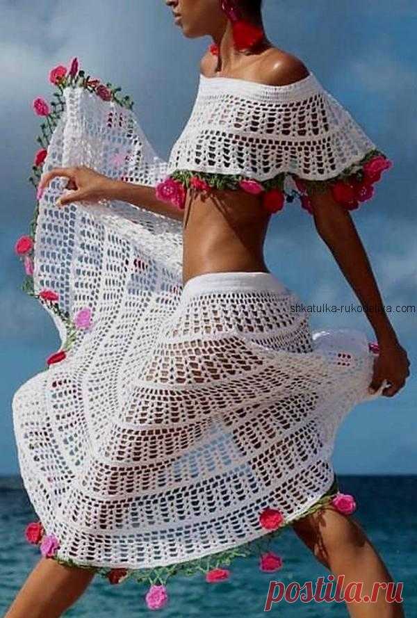 Пляжный комплект Пляжный комплект крючком. Летний комплект юбка+ накидка крючком