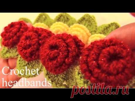 Aprende a tejer a Crochet diademas con rosas de una sola tira con hojas - Learn Crochet