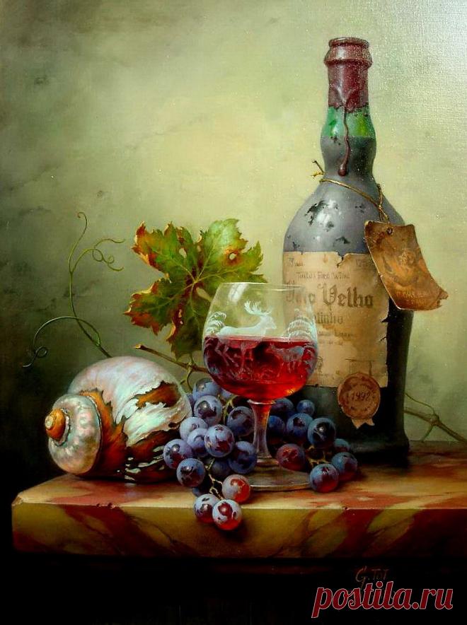 Gabor Toth (Hungary, b. 1950). Натюрморт с вином и фруктами..