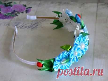 Простой ободок с цветами "Весенний" из ленты 2,5 см