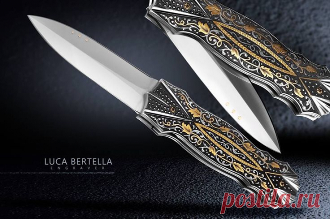 Нож складной от Luca Bertella. Гравировка. Растительный орнамент. Всечка золотом.