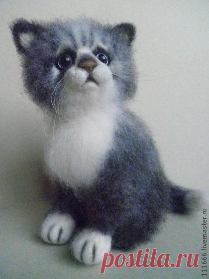 Игрушка из шерсти "Котёнок Шоня" - тёмно-серый,Сухое валяние,игрушка из шерсти