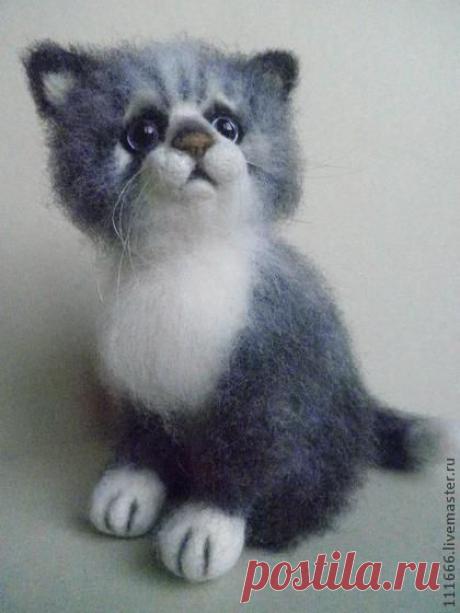 Игрушка из шерсти "Котёнок Шоня" - тёмно-серый,Сухое валяние,игрушка из шерсти